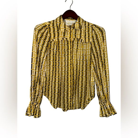 Maeve Anthropologie Fredericka Dog Blouse Top Size 2 Yellow Blue Dachshund - Picture 5 of 10